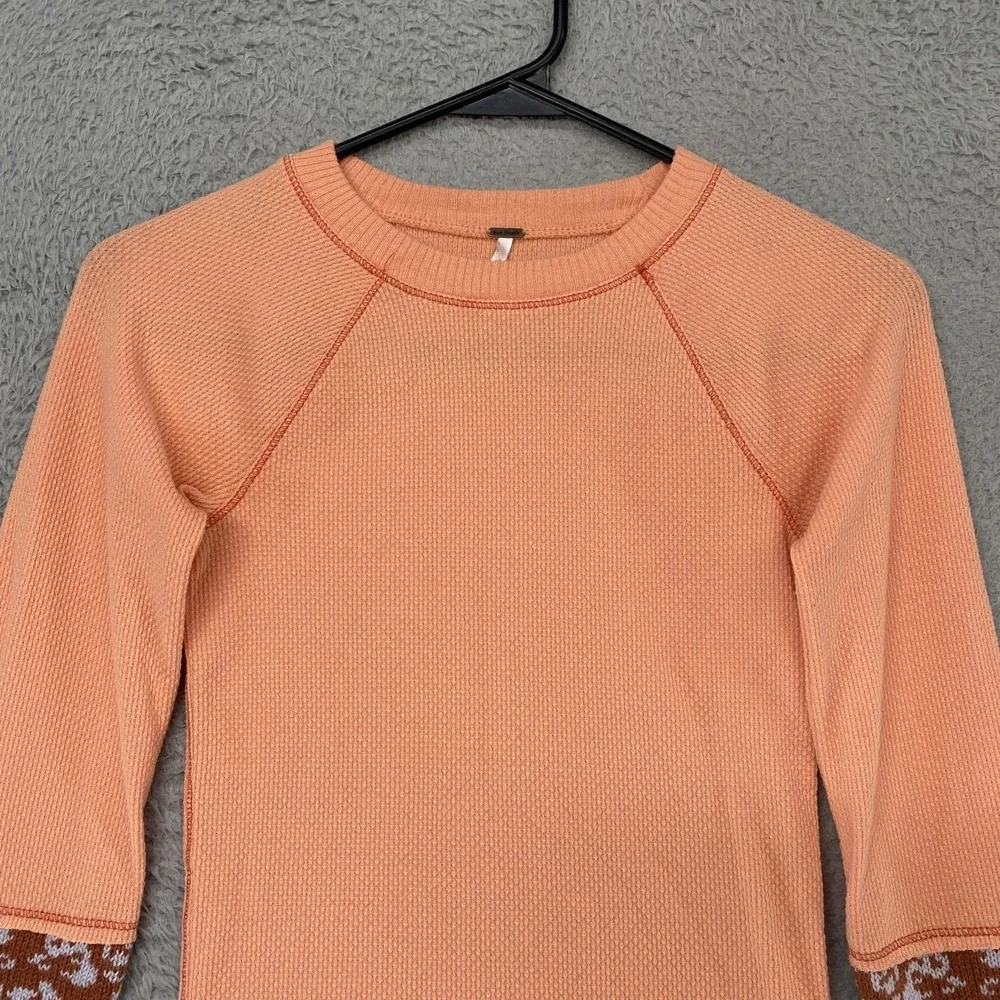 Free People Thermal Top‎ Womens XS Crochet Fair Isle Sleeve Cozy Waffle Boho